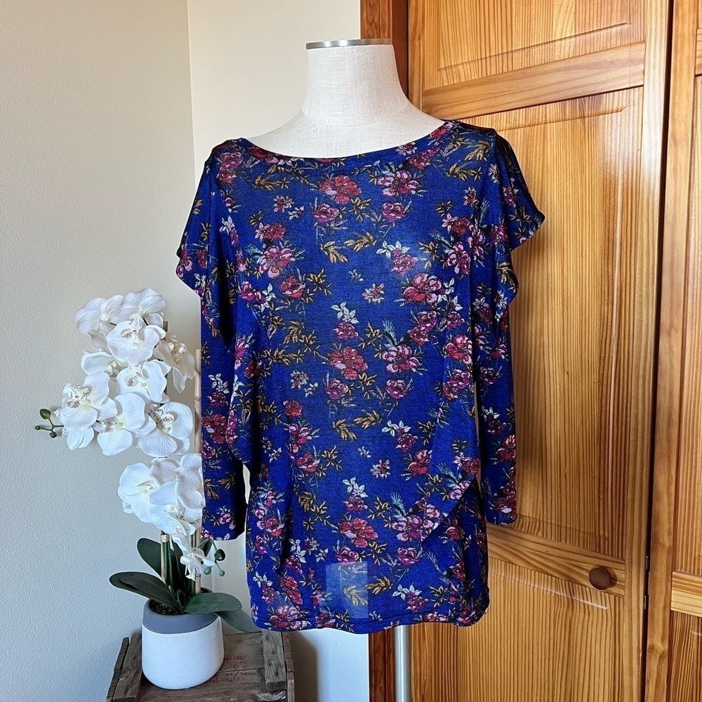 Free People Medium Dock Street Cobalt Blue Floral Ruffle Long Sleeve Shirt - Picture 4 of 10